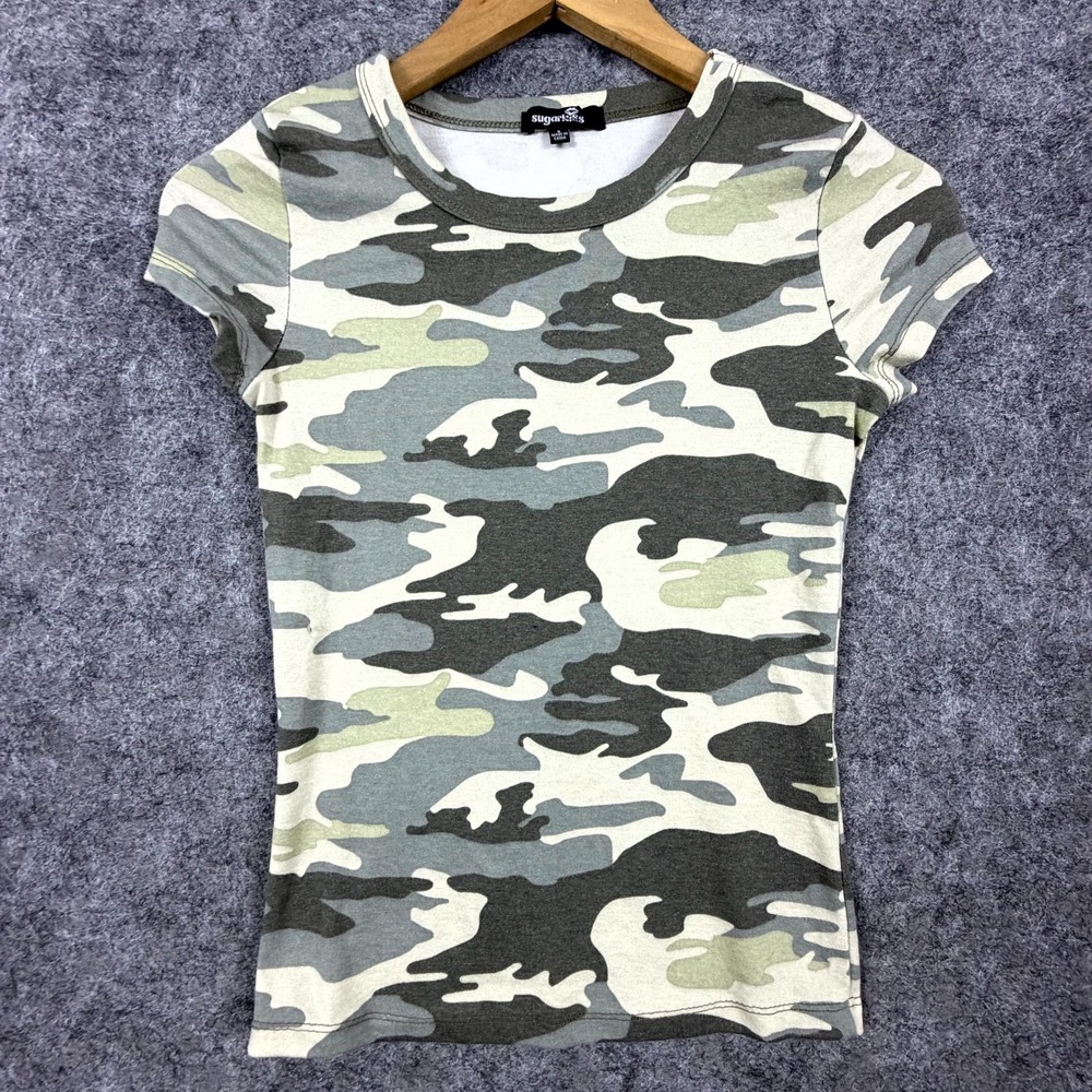 Sugarkiss Baby Tee 90s Camo T-Shirt Womens Small Green Camouflage Y2K Stretch